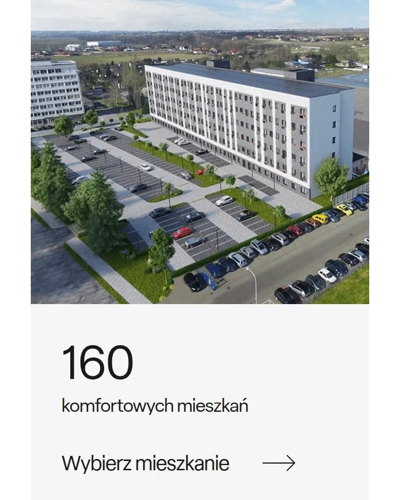 Wizualizacja osiedla Złota 71 z lotu ptaka i blok „160 komfortowych mieszkań” na telefonie