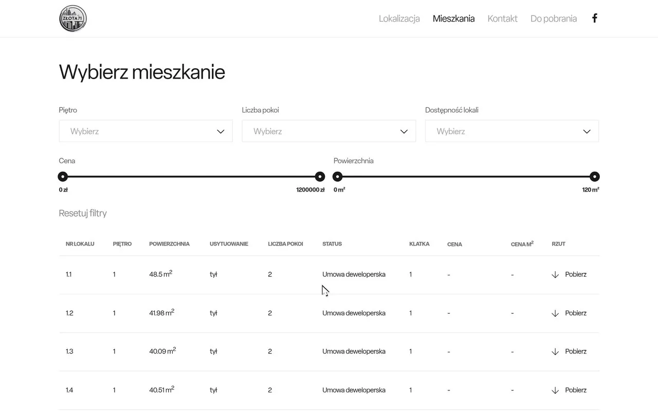 Wyszukiwarka mieszkań Złota 71 z filtrami i tabelą lokali