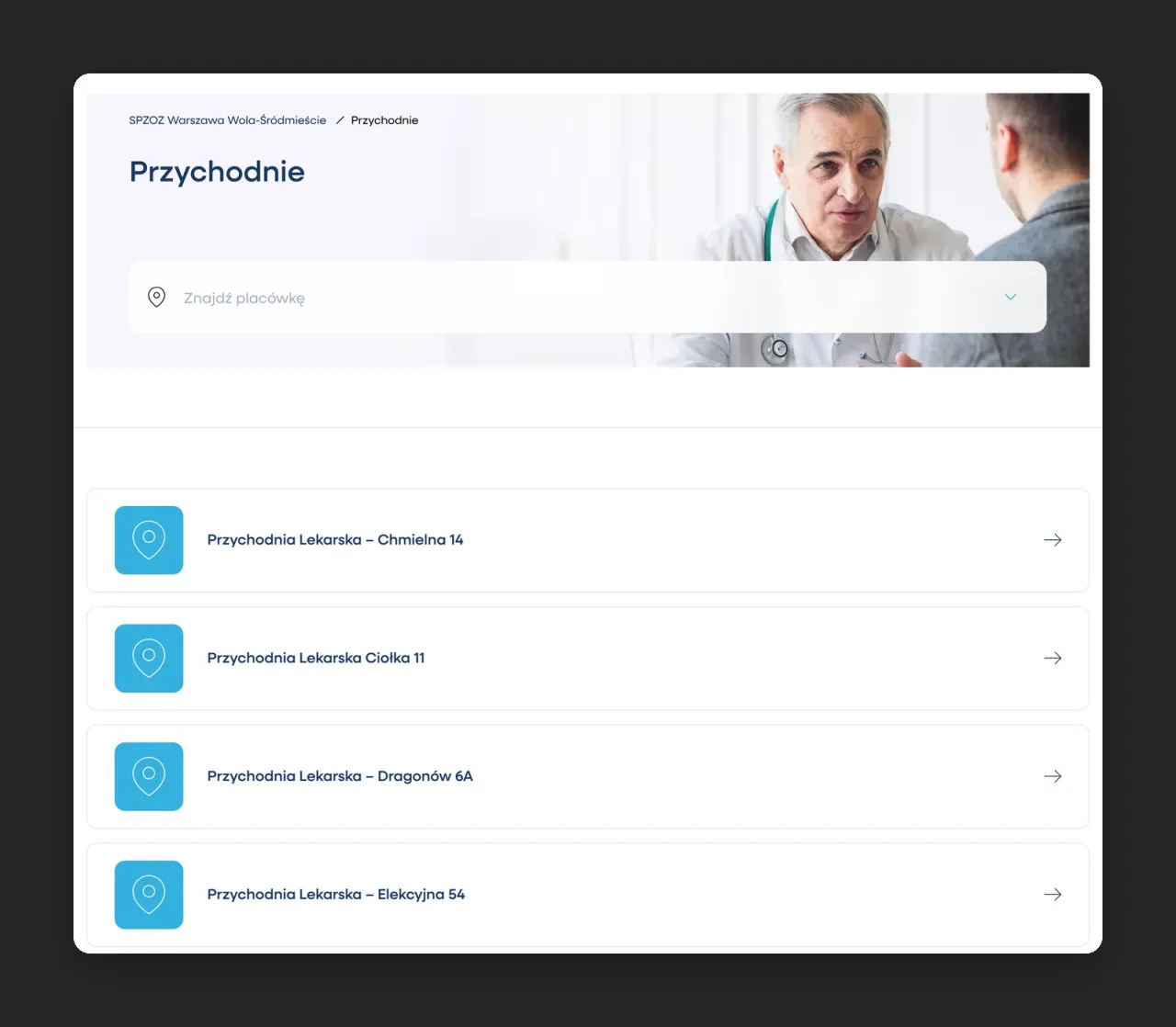 Lista przychodni SPZOZ Warszawa Wola-Śródmieście na podstronie Przychodnie