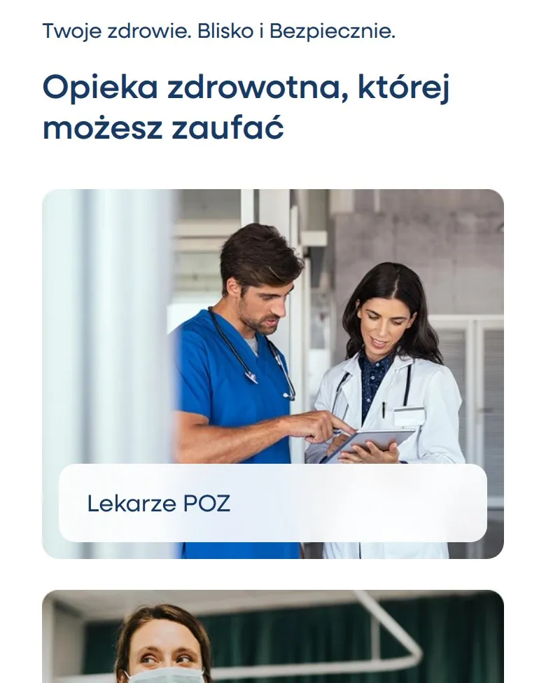 Sekcja Opieka zdrowotna, której możesz zaufać z kafelkami usług na telefonie