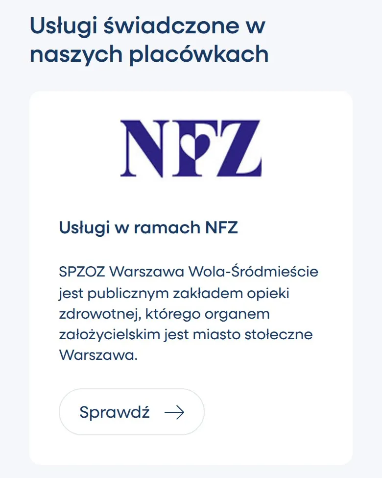 Sekcja Usługi świadczone w naszych placówkach: usługi w ramach NFZ na telefonie