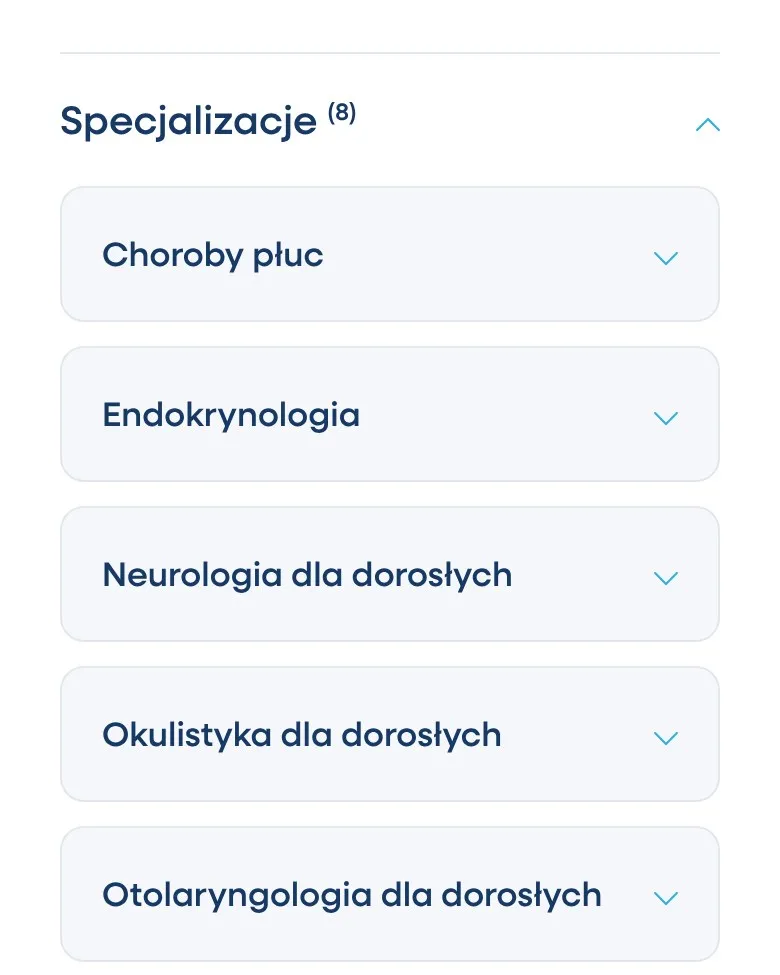 Rozwijana lista specjalizacji przychodni na telefonie