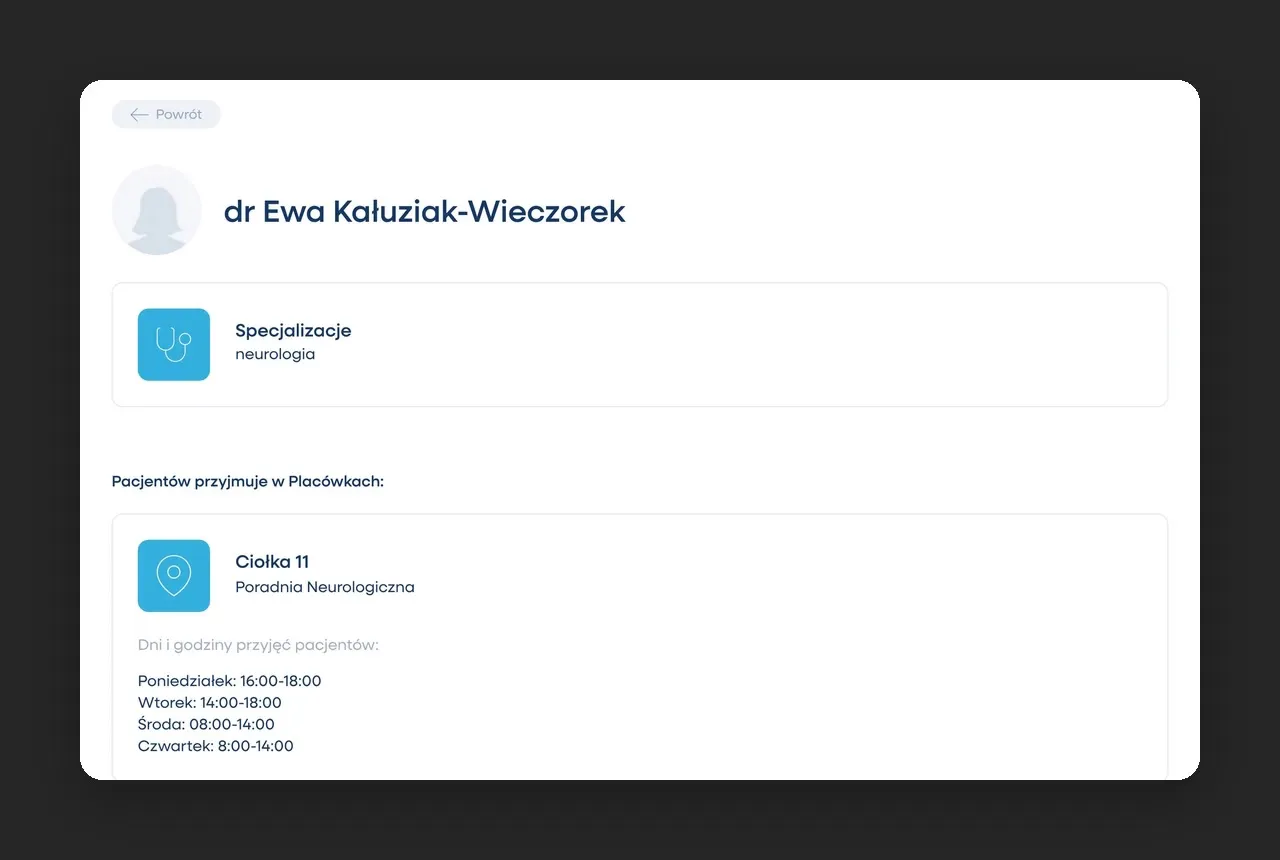 Profil lekarza na zozwola.pl z placówką, poradnią oraz dniami i godzinami przyjęć