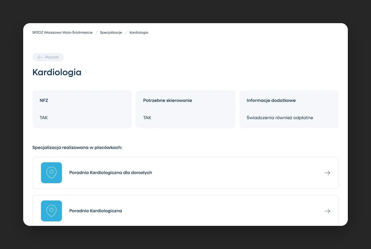Podstrona Kardiologia na zozwola.pl: NFZ, skierowanie i poradnie, w których jest realizowana